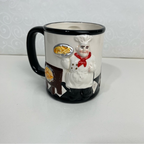 Coffee Mug Fat Chef Black White Baker Bas Relief Triple Side 14 Oz - Picture 4 of 10